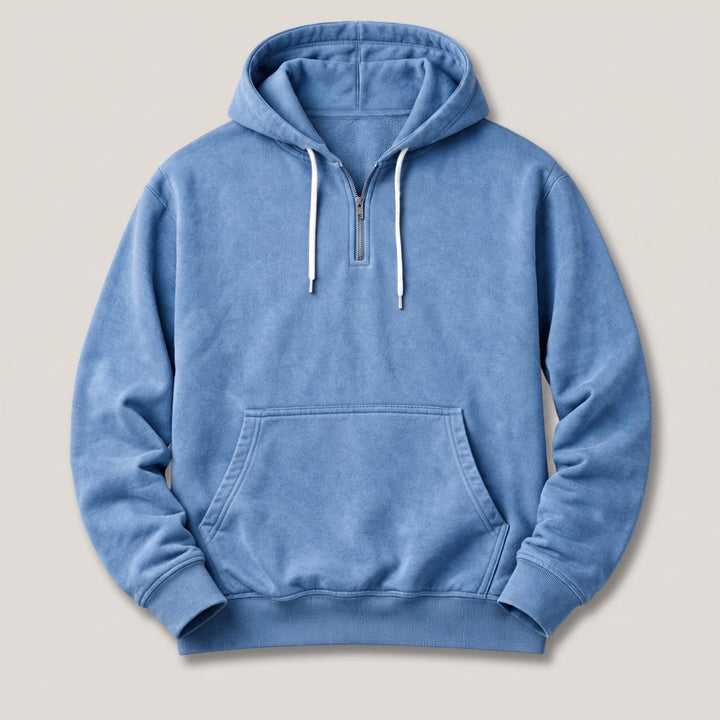 Blå hoodie herre med halv lynlås, hætte og hvide snørebånd