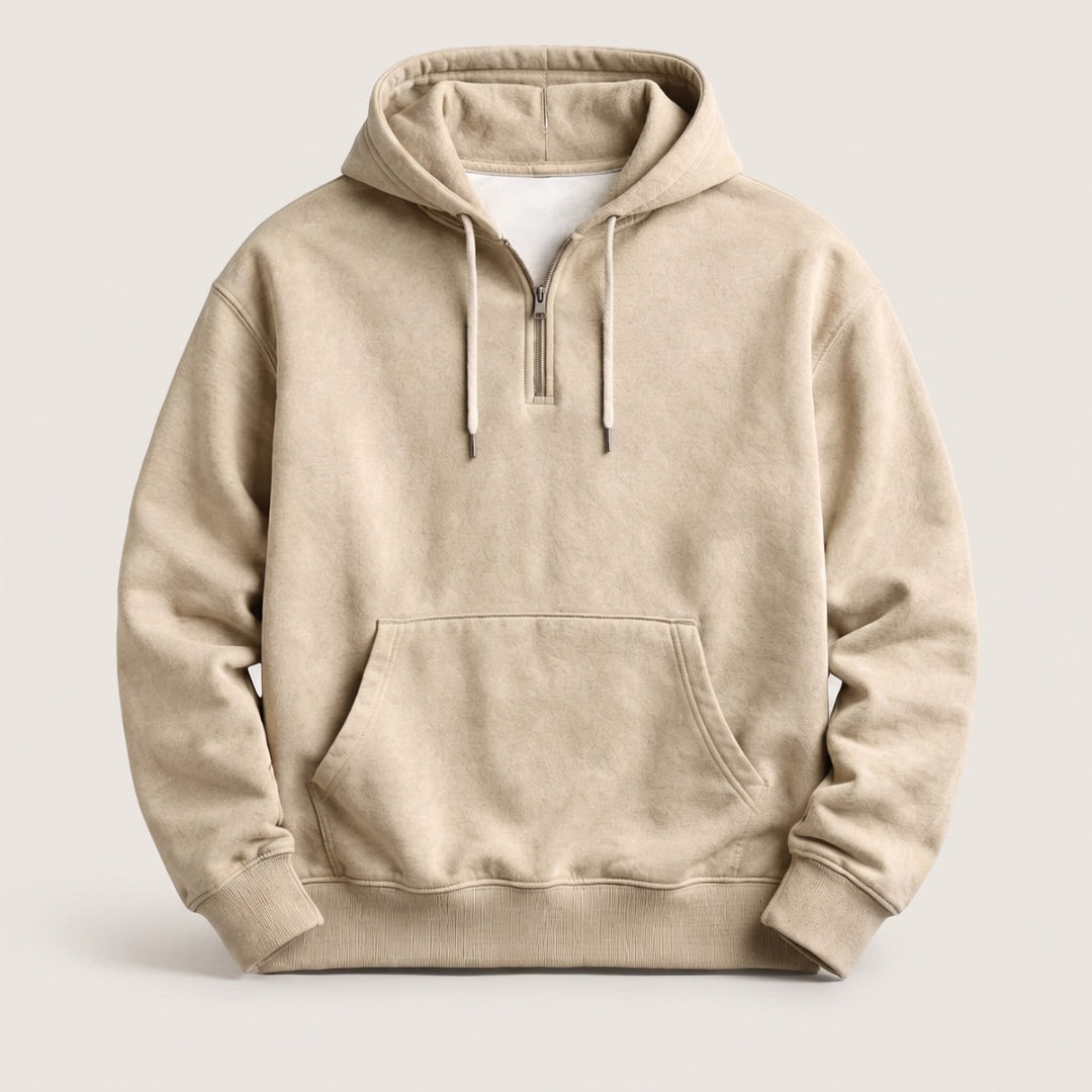 Beige hoodie herre med halv lynlås og kængurulomme