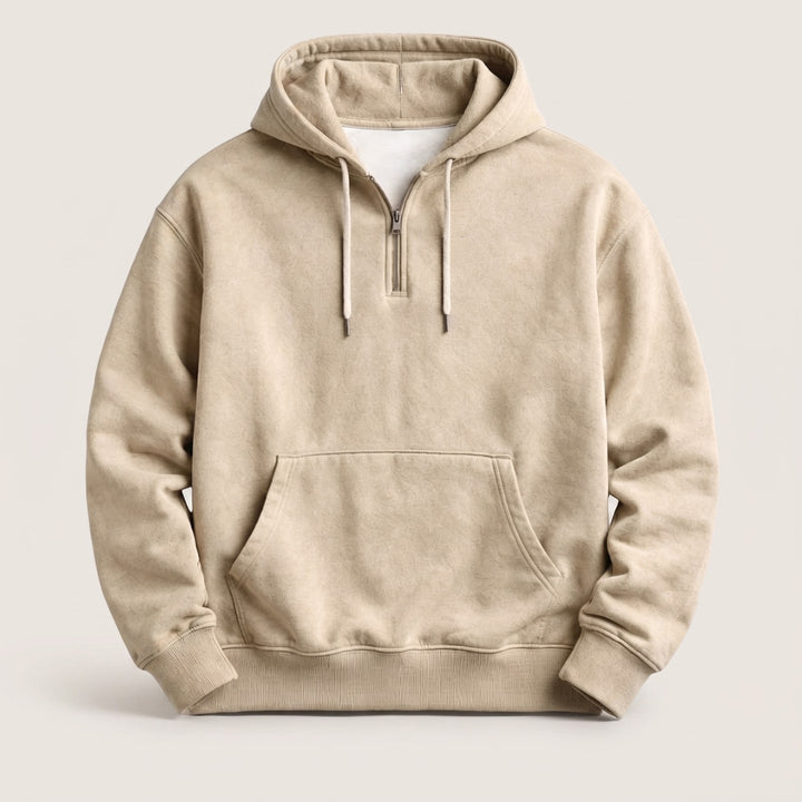 Beige hoodie herre med halv lynlås og kængurulomme