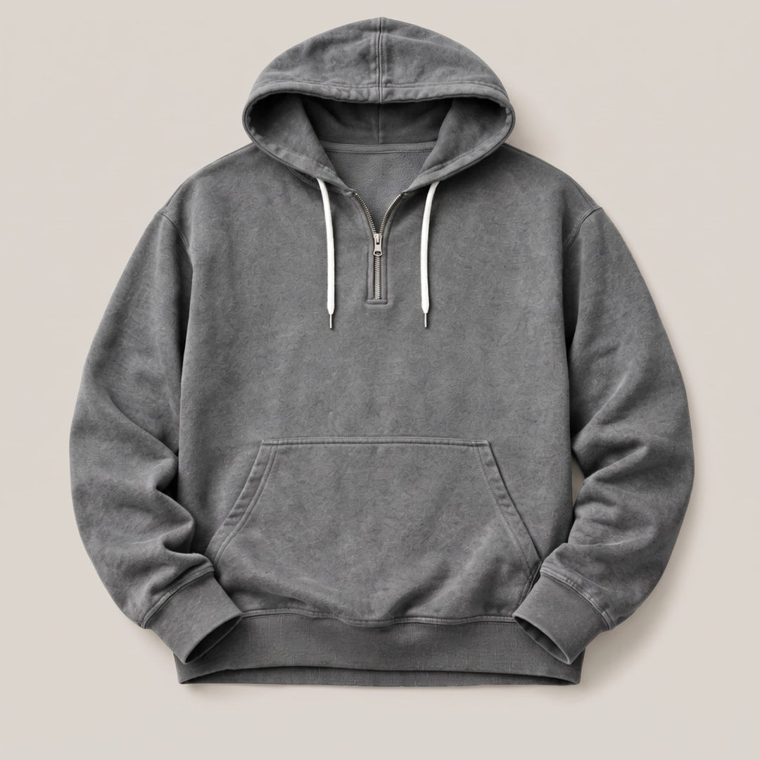 Grå hoodie herre med halv lynlås, hætte og ribkanter