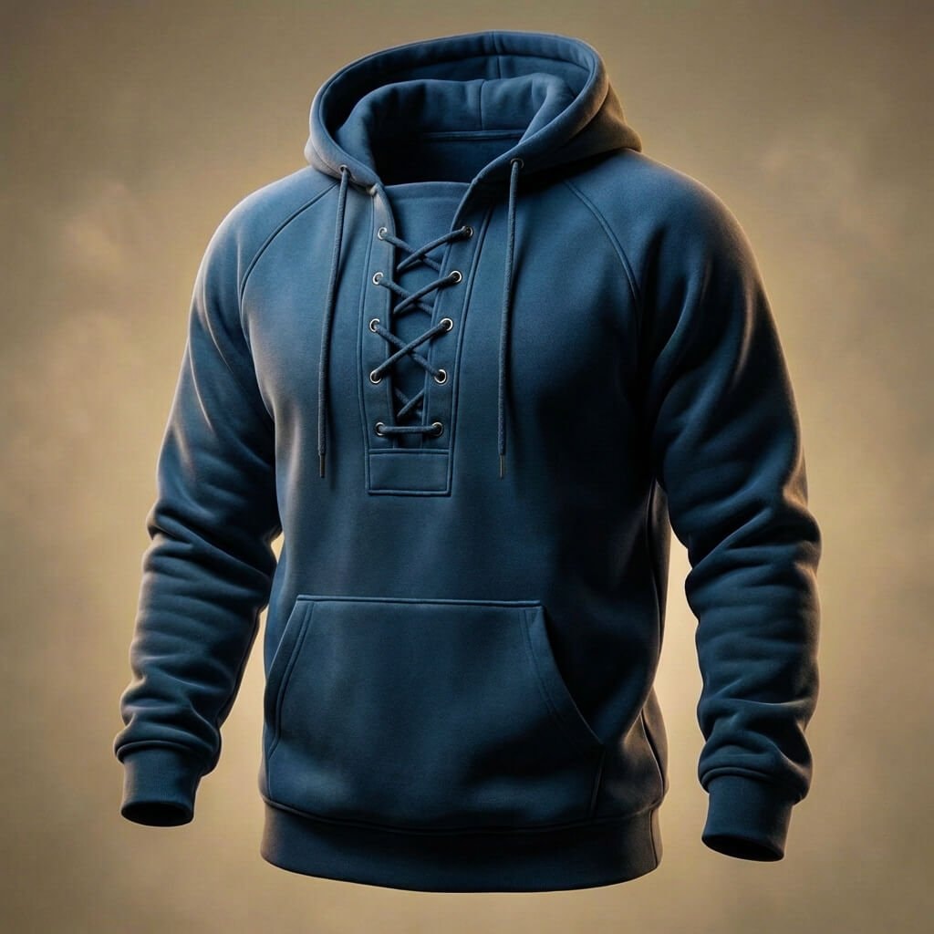 Marineblå hoodie herre med snørelukning og ribkanter
