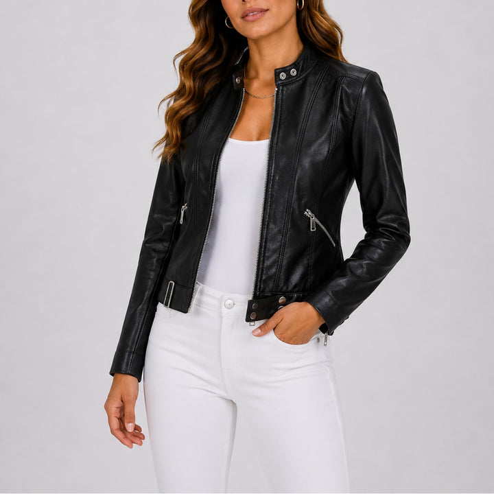 Sort kort læderjakke dame i biker-stil med lynlås