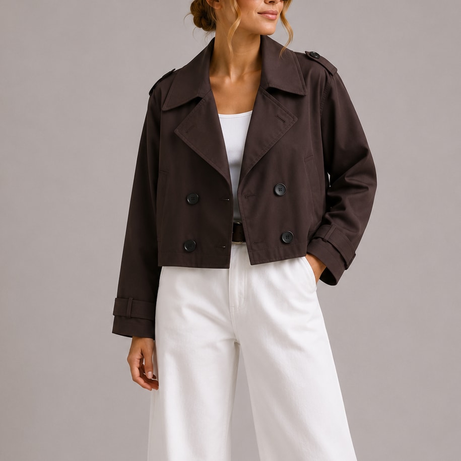 Kort brun trenchcoat dame med dobbeltradet front og brede revers