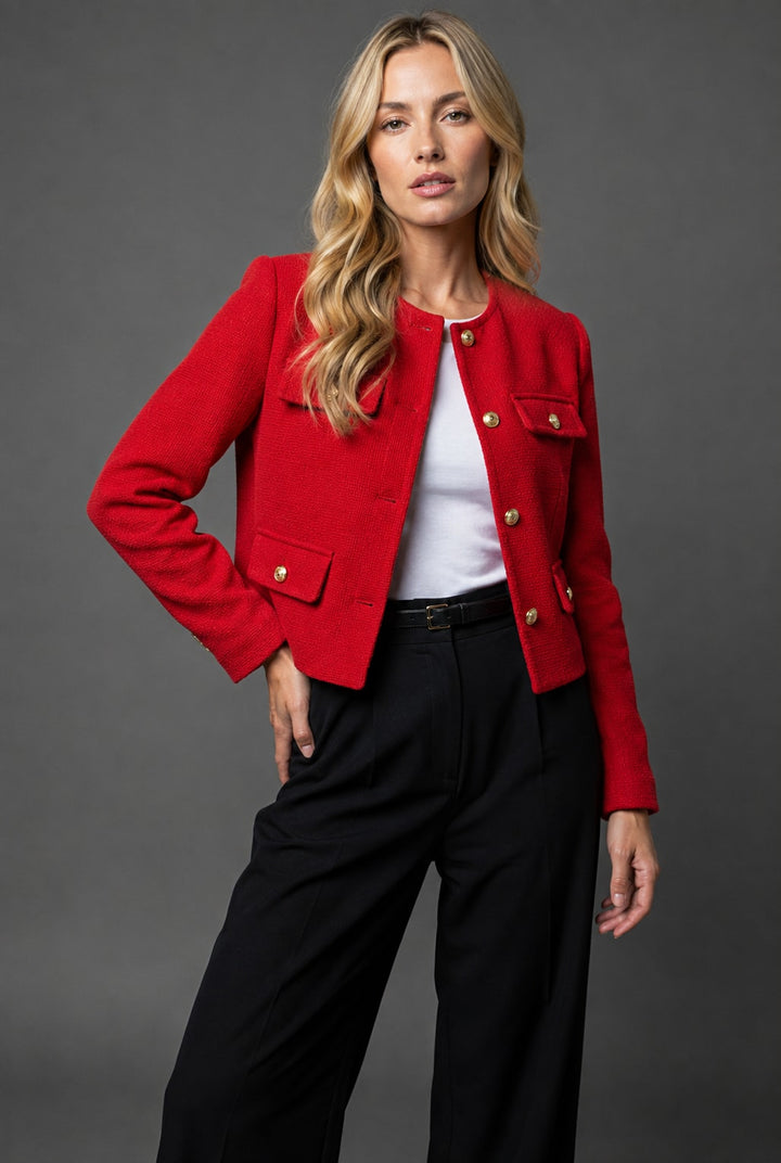 Kort tweed blazer til damer med guldknapper