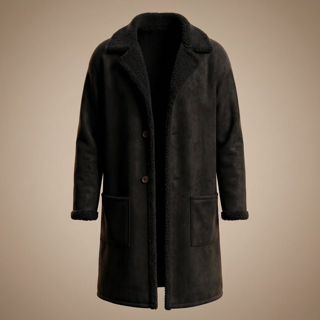 Cappotto lungo uomo in camoscio nero con interno teddy e tasche grandi