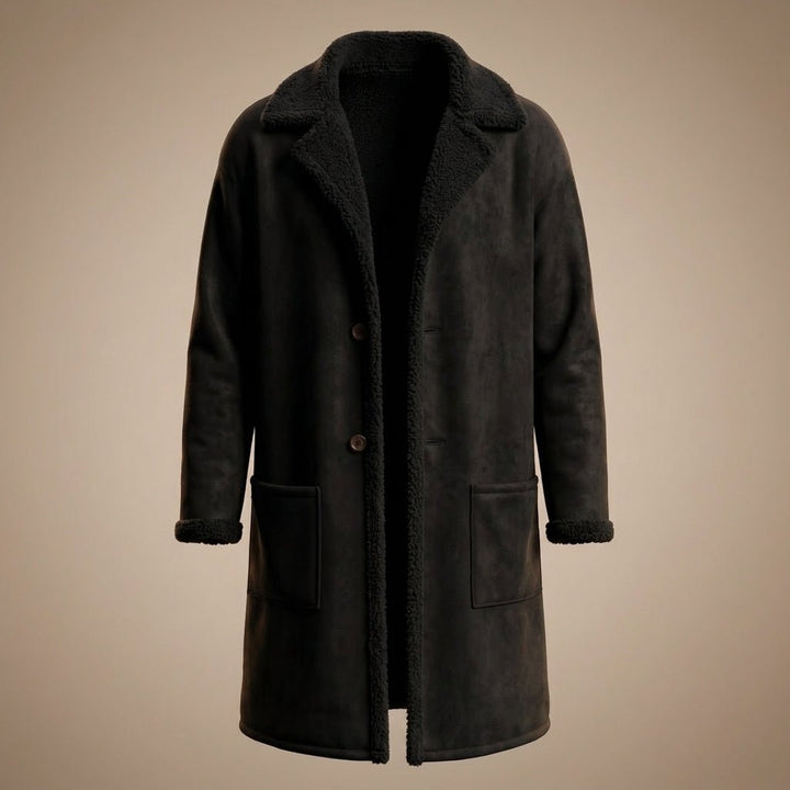 Cappotto lungo uomo in camoscio nero con interno teddy e tasche grandi