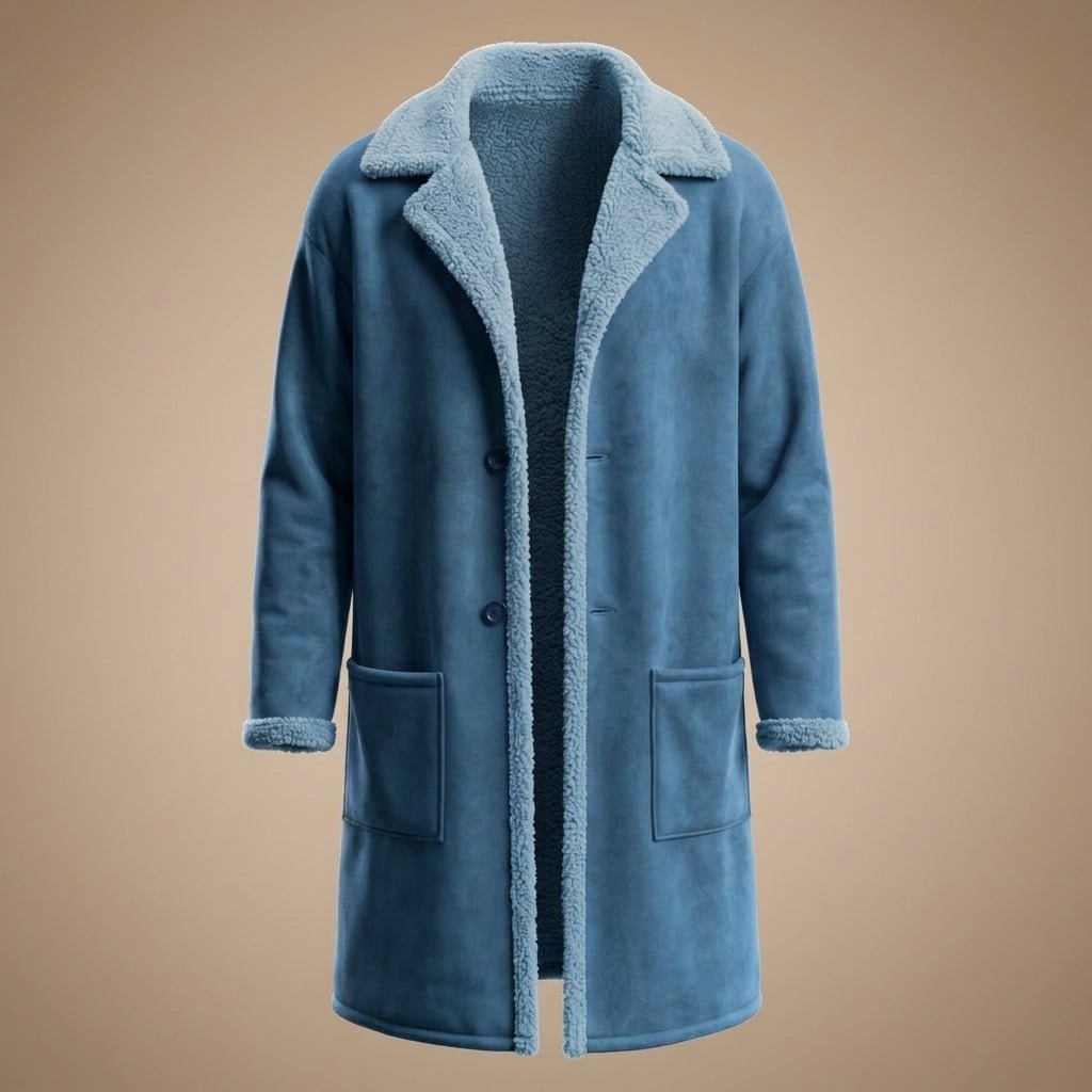 Cappotto lungo uomo in camoscio blu reale con interno teddy e chiusura a bottoni