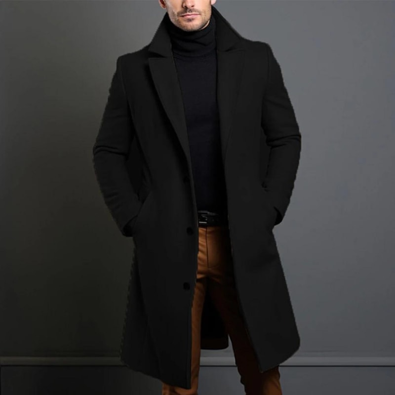 Sort lang frakke herre i slim fit med revers