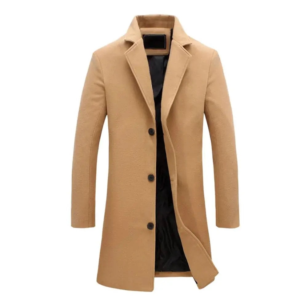 Beige frakke herre med reverskrave og knapper, set forfra