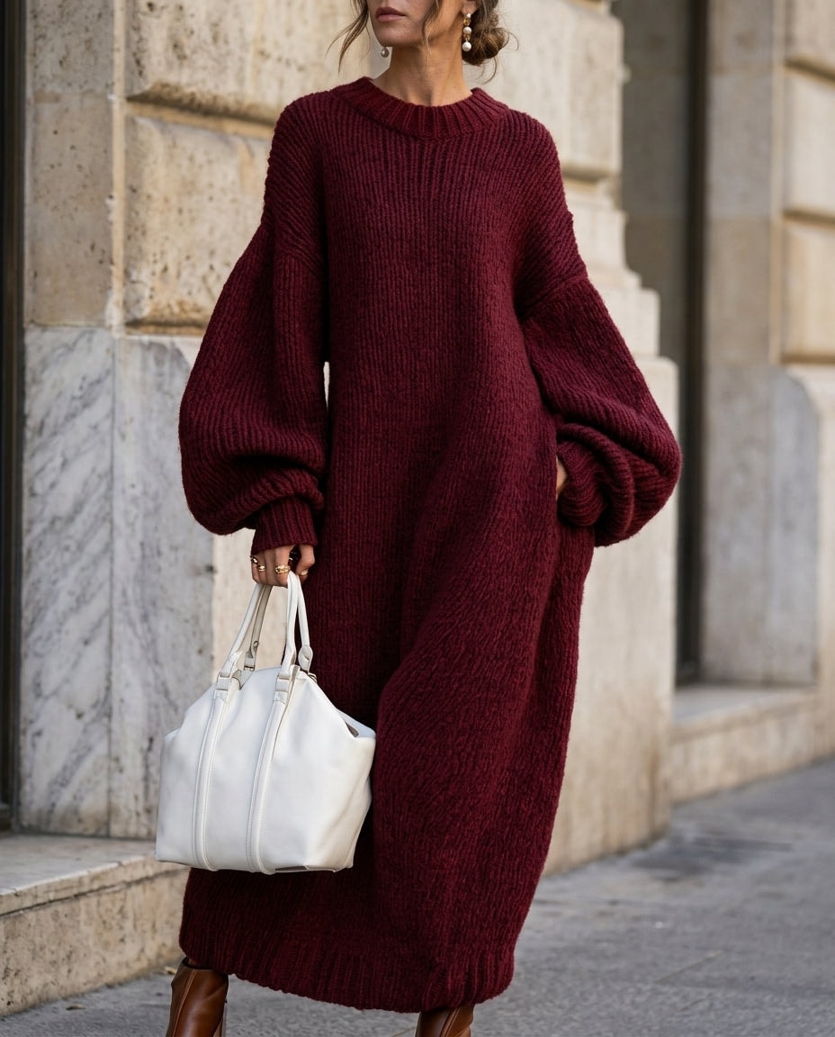 Abito lungo oversize in maglia bordeaux da donna con maniche a palloncino