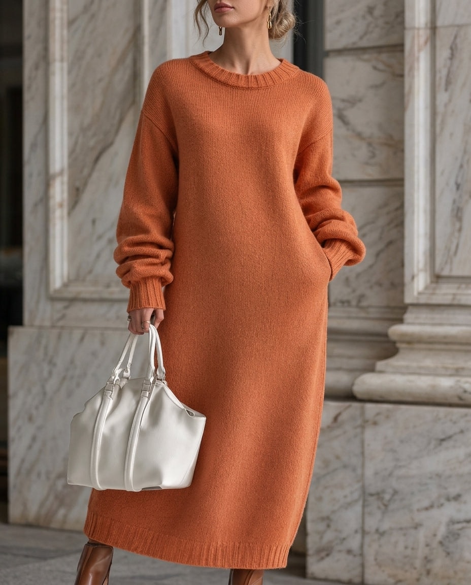 Abito lungo in maglia arancione ruggine da donna con girocollo