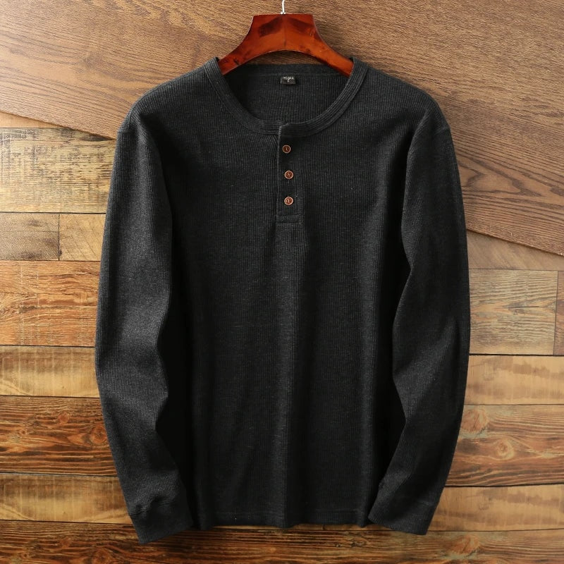 Mørkegrå langærmet ribstrikket henley t-shirt herre med knapper