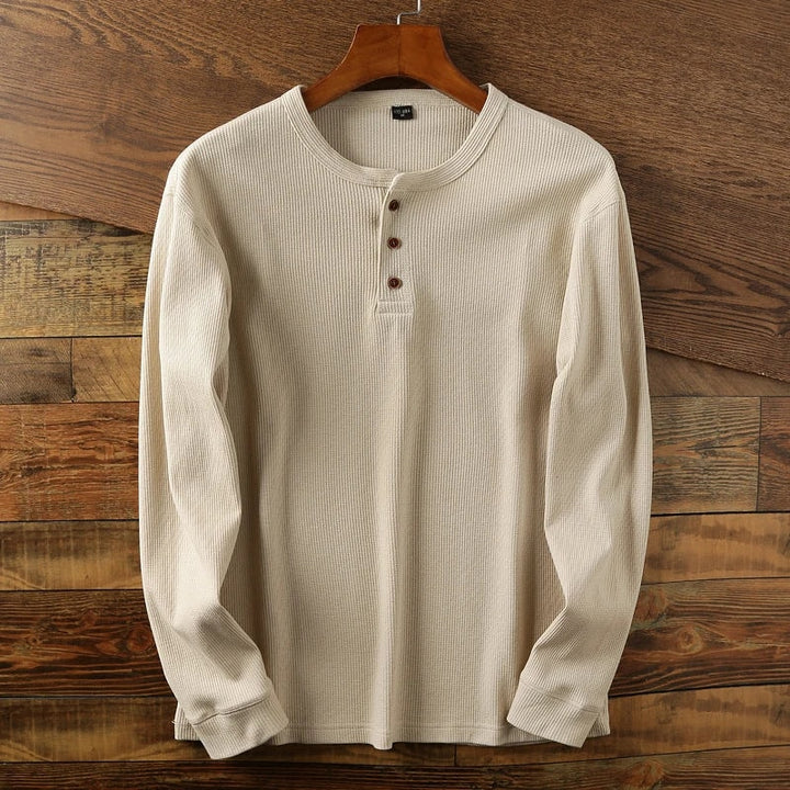 Beige langærmet henley t-shirt herre i ribstrik