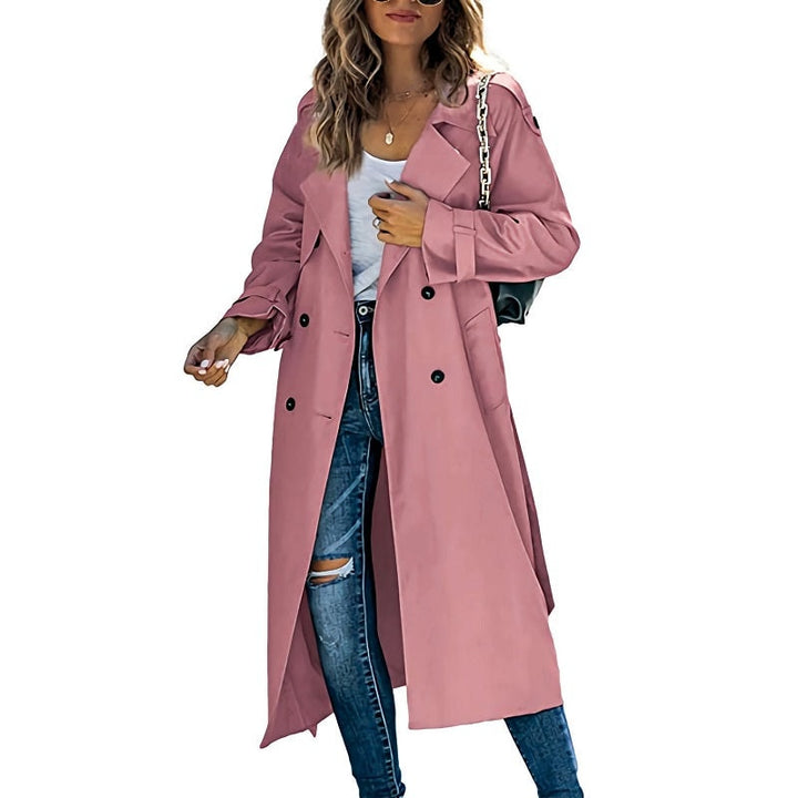 Lyserød lang trenchcoat dame med revers og knapper