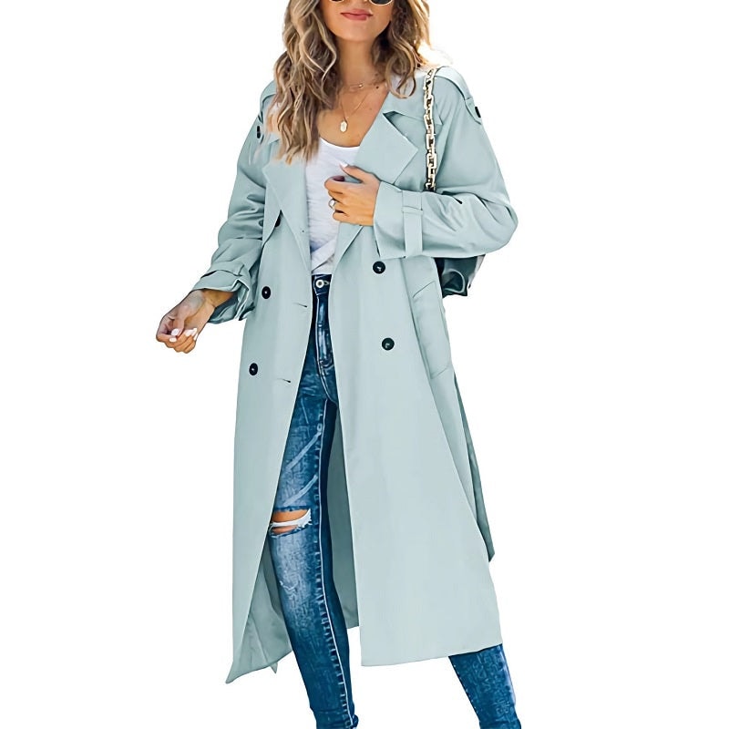Lang trenchcoat dame med dobbeltradet lukning