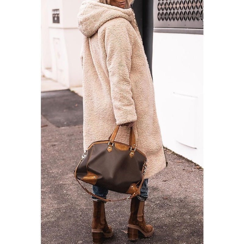 Beige teddyside af lang vendbar vinterjakke dame set bagfra