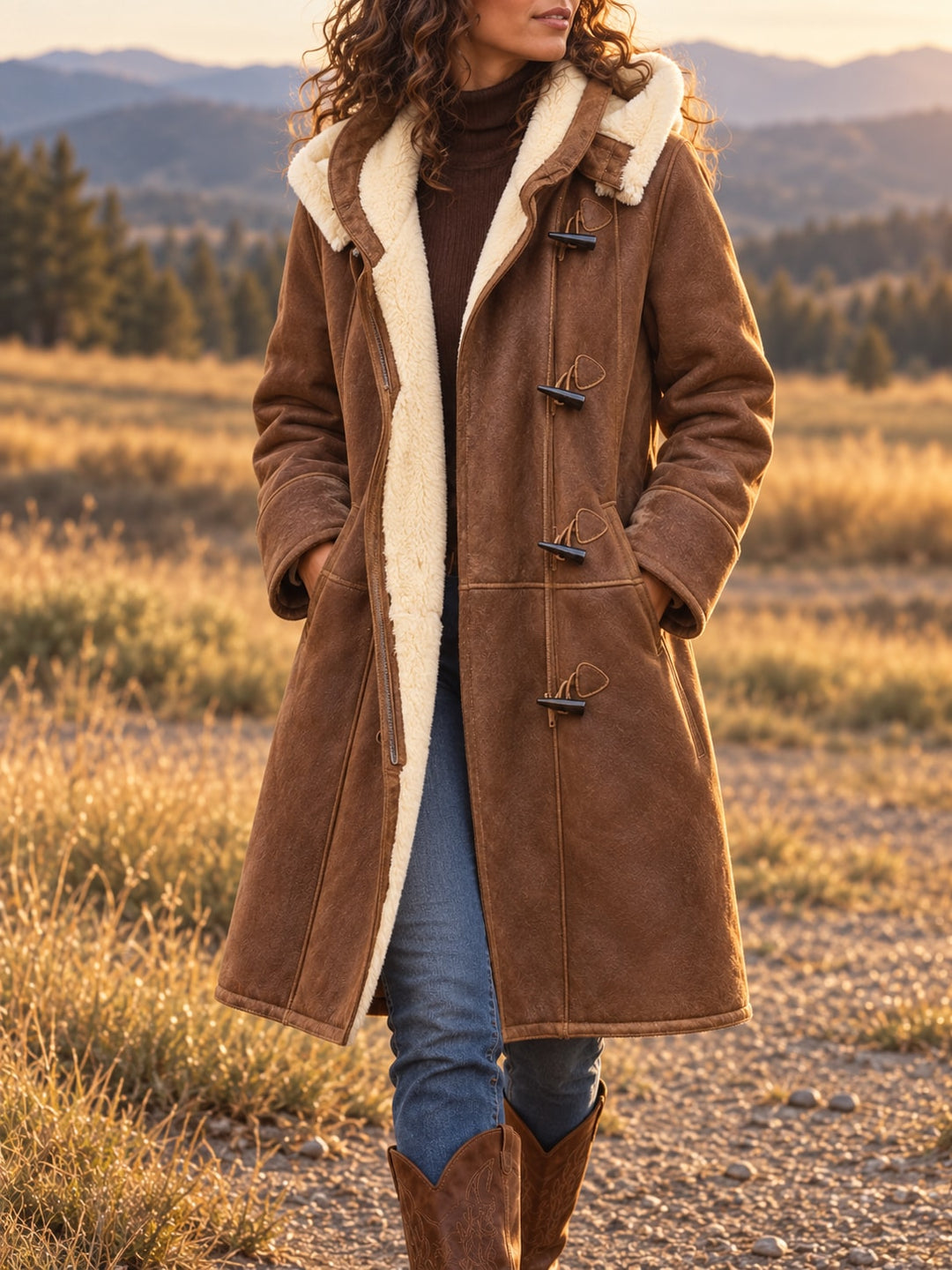 Lang brun duffelcoat dame med teddyfoer stylet med jeans og støvler