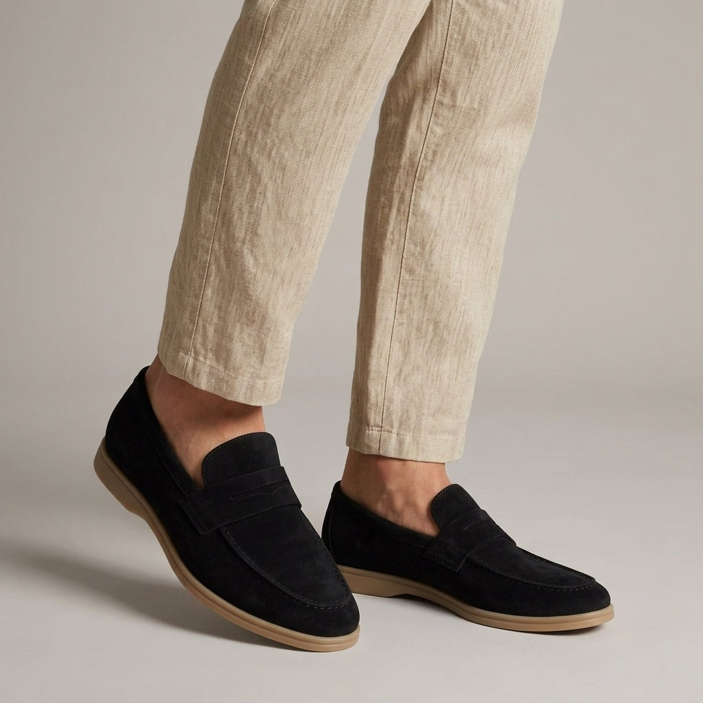 Sorte loafers herre i ruskind med pennystrop og lys sål
