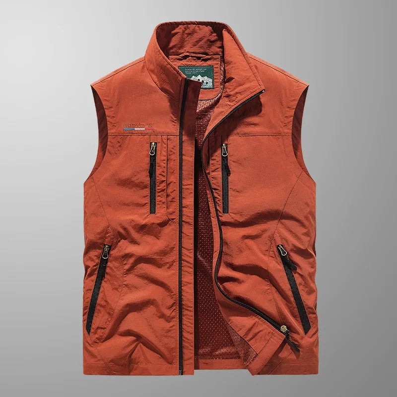 Orange outdoor vest herre med lynlås og lommer