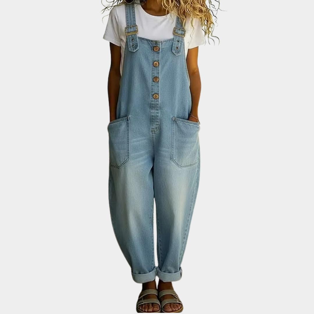 Lyseblå overalls dame i denim look med justerbare stropper og store lommer