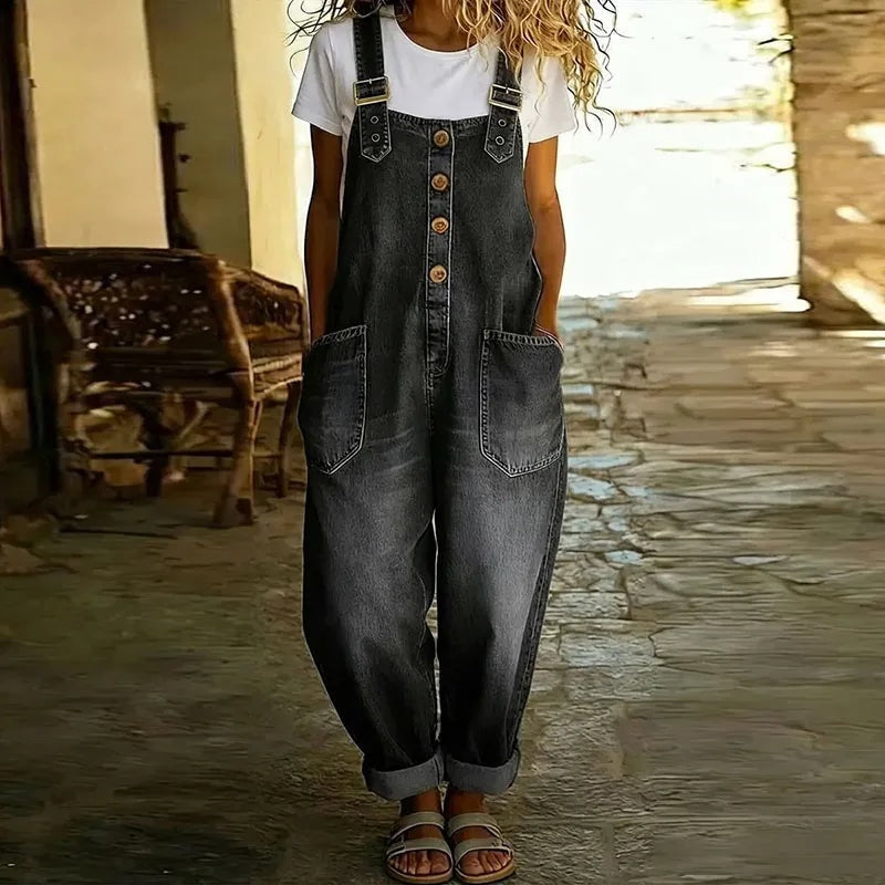 Overalls dame i denim look med justerbare stropper