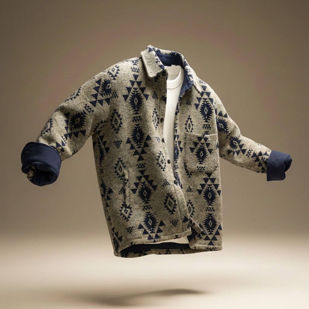 Overshirt herre i uldblanding med beige og marineblåt mønster
