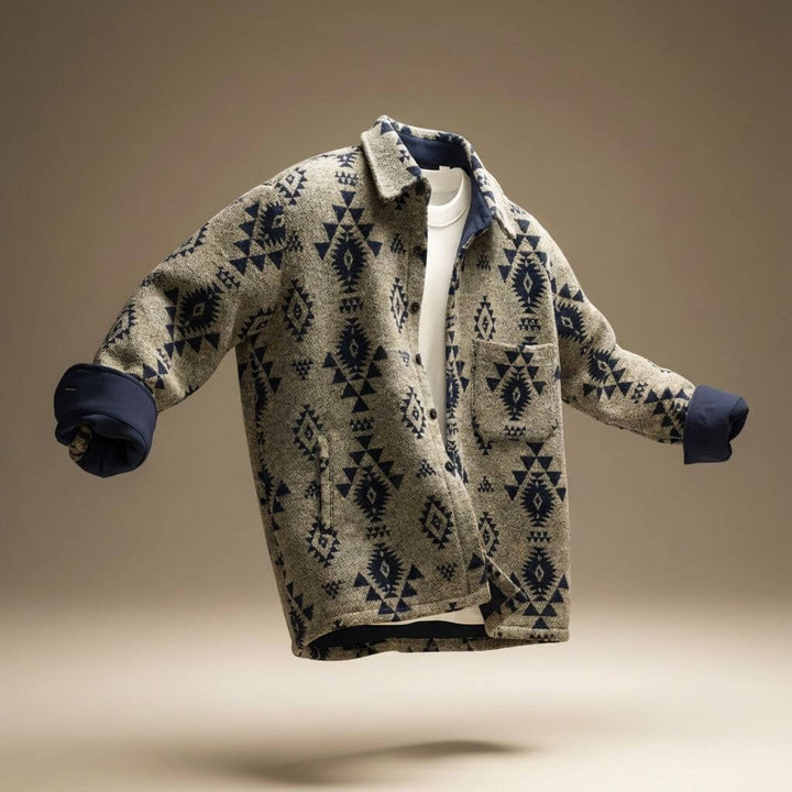 Overshirt herre i uldblanding med beige og marineblåt mønster
