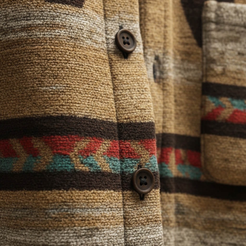 Detalje af knapper og strikket uldstruktur på overshirt herre