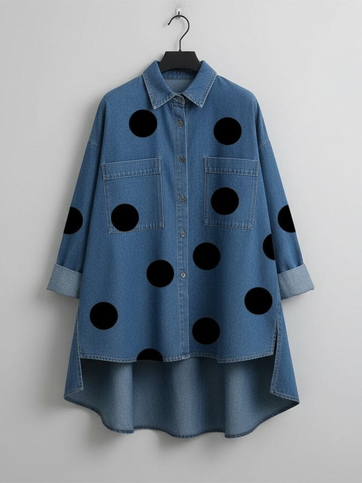 Oversized denim skjorte dame med prikker og brystlommer