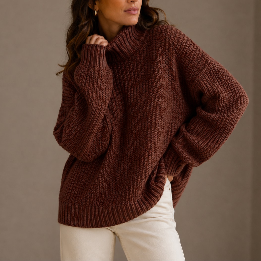 Brun oversized striktrøje dame med rullekrave og nedfaldende skuldre