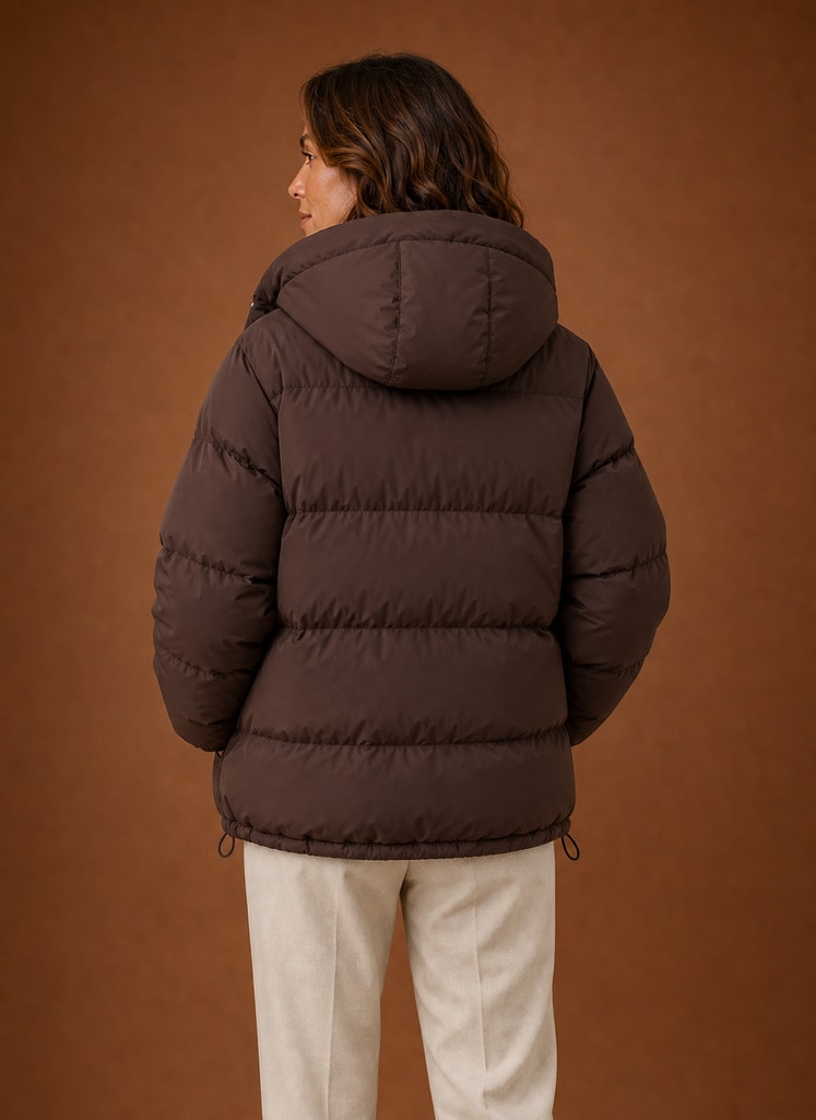 Brun oversized vinterjakke dame med hætte, set bagfra