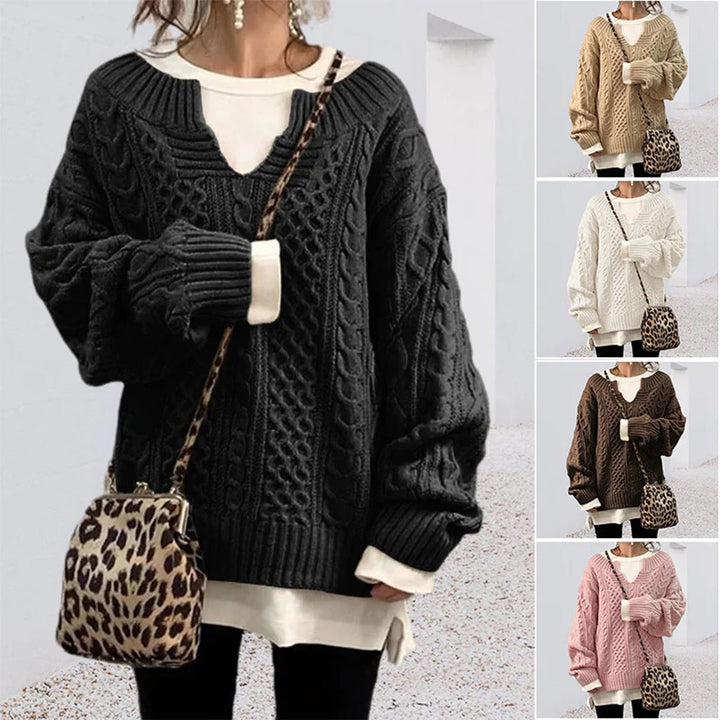 Oversized strikbluse til damer med v hals og snoninger