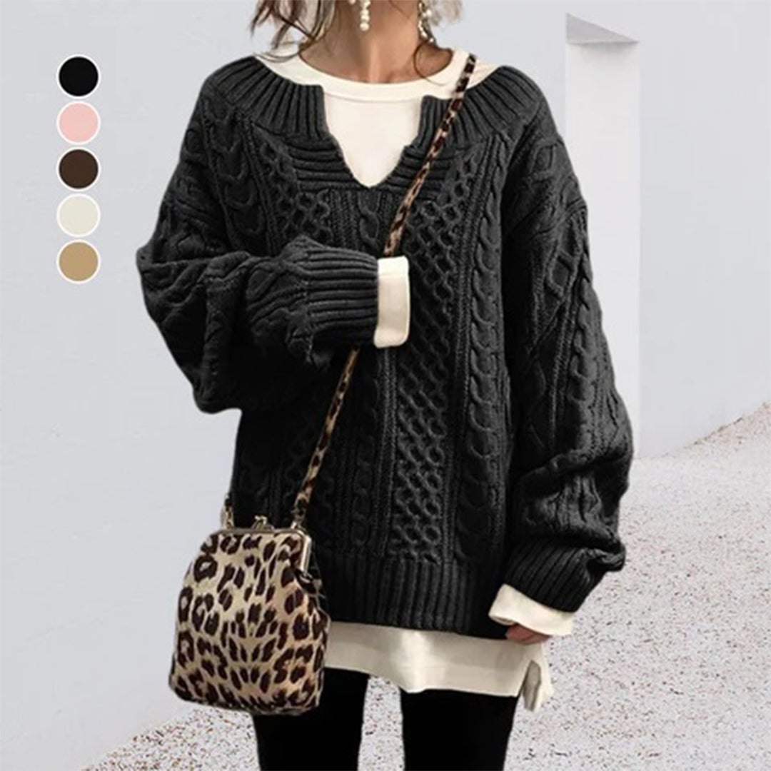 Oversized strikbluse til damer med v hals og snoninger