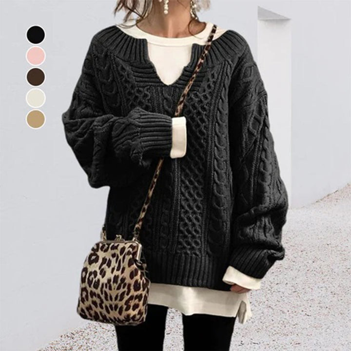 Oversized strikbluse til damer med v hals og snoninger