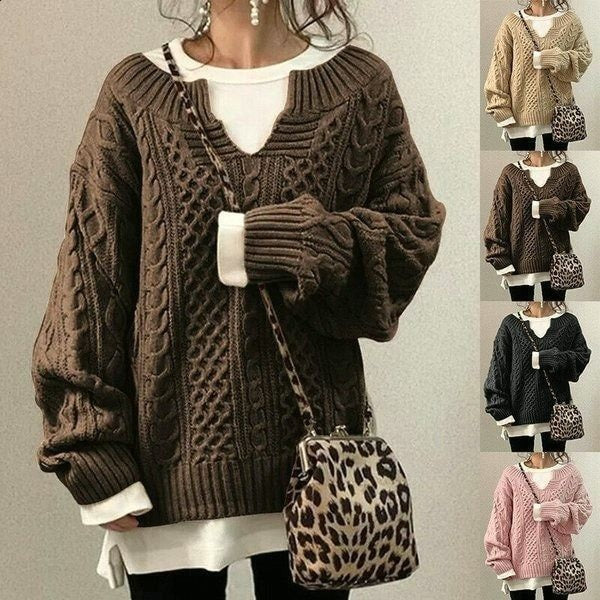 Oversized strikbluse til damer med v hals og snoninger