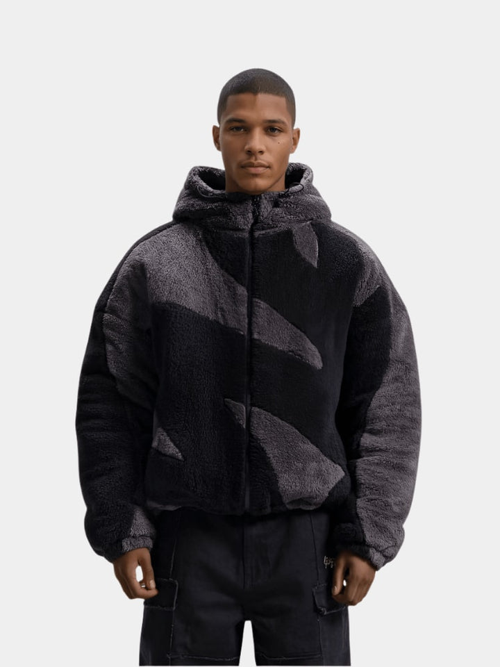 Sort og grå oversized teddyjakke herre med hætte og lynlås