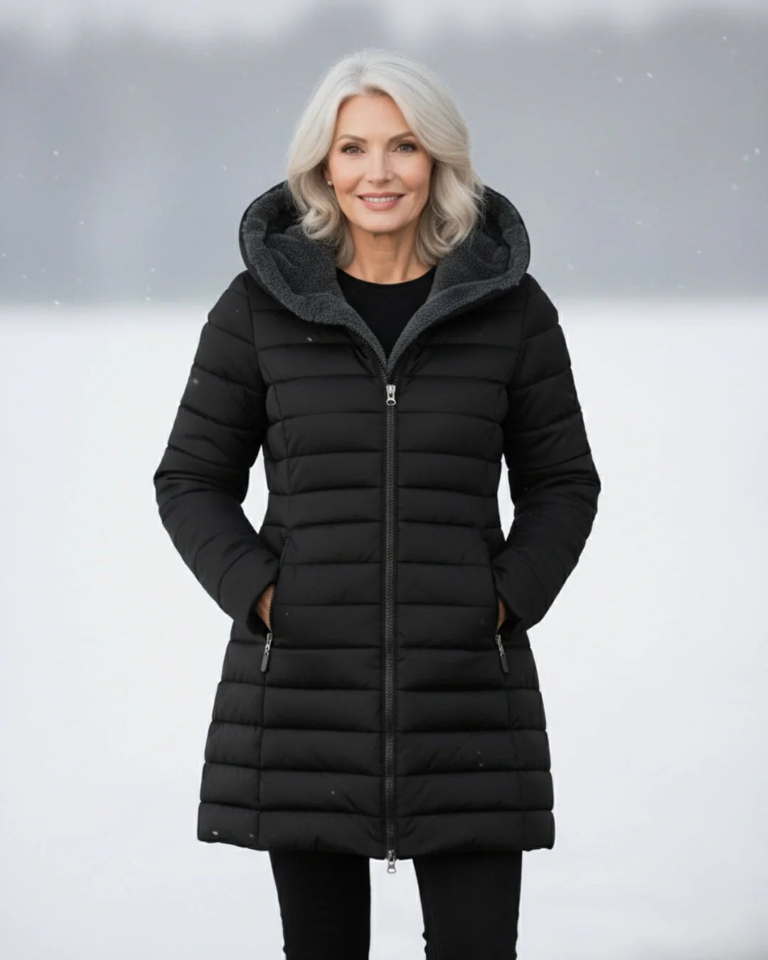 Quiltet vinterjakke dame med hætte og sherpafor