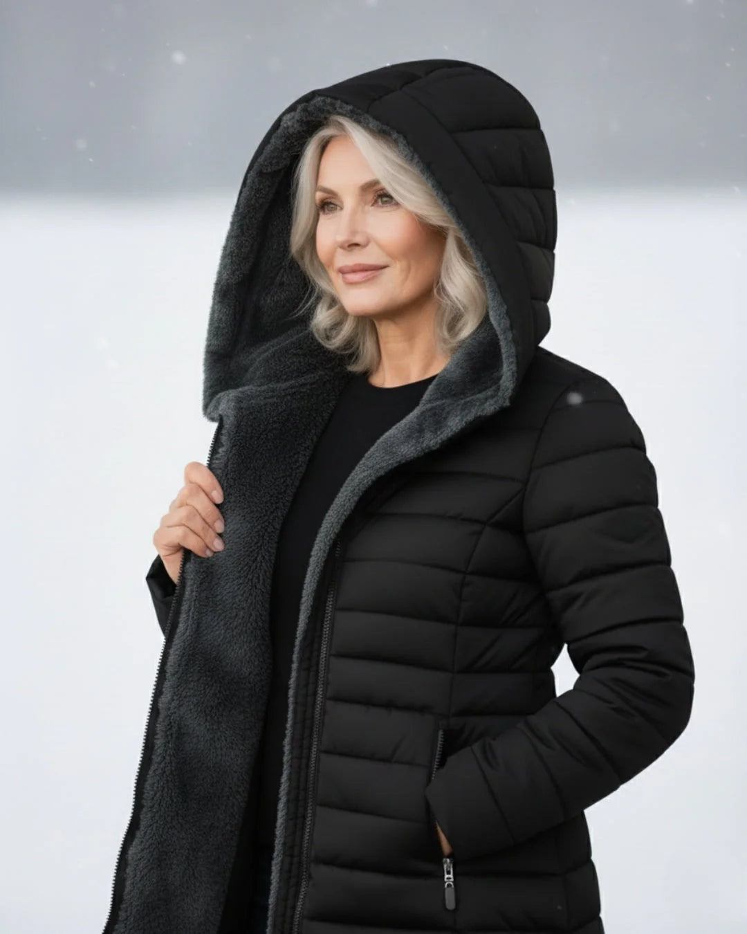 Quiltet vinterjakke dame med hætte og sherpafor