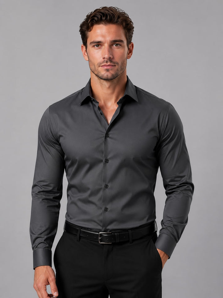 Mørkegrå slim fit skjorte herre med lange ærmer og klassisk krave