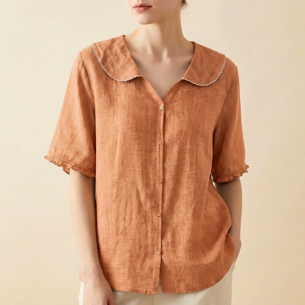 Terracotta skjortebluse dame med knapper og flæseærmer