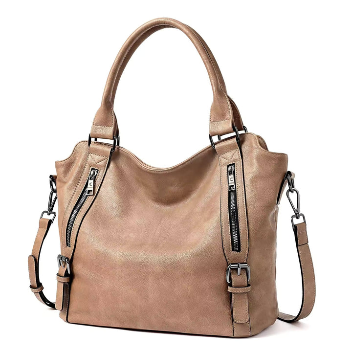 Beige skuldertaske dame i imiteret læder med justerbar skulderrem