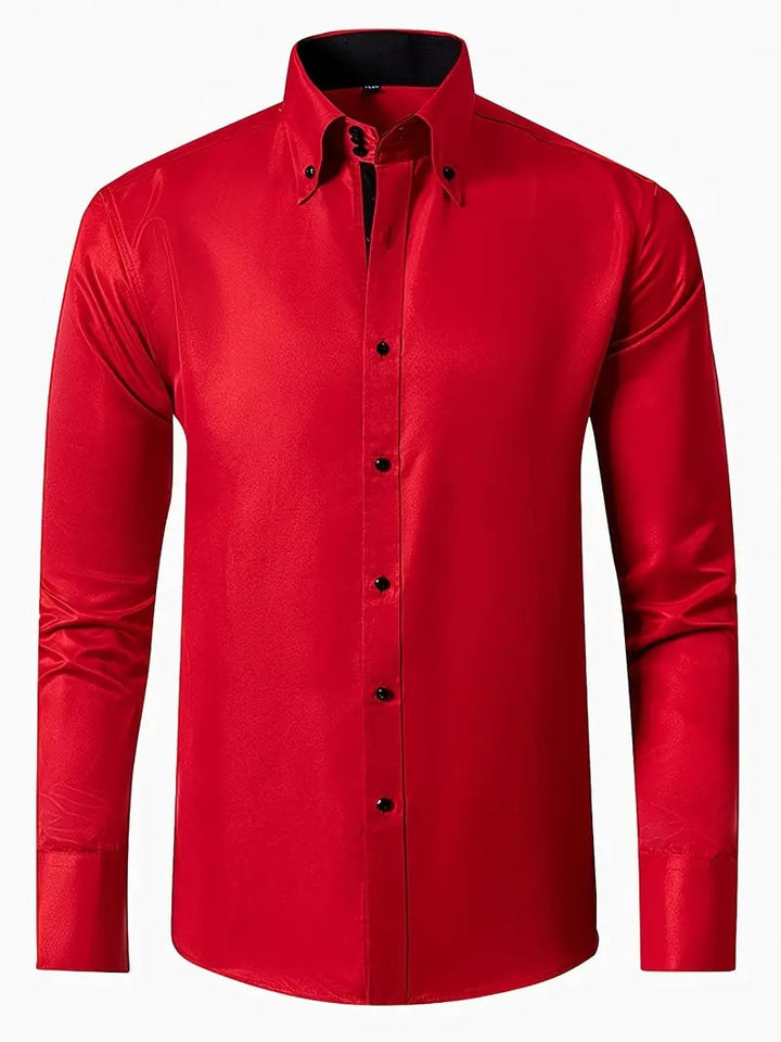 Rød slim fit skjorte herre med langt ærme og sorte knapper