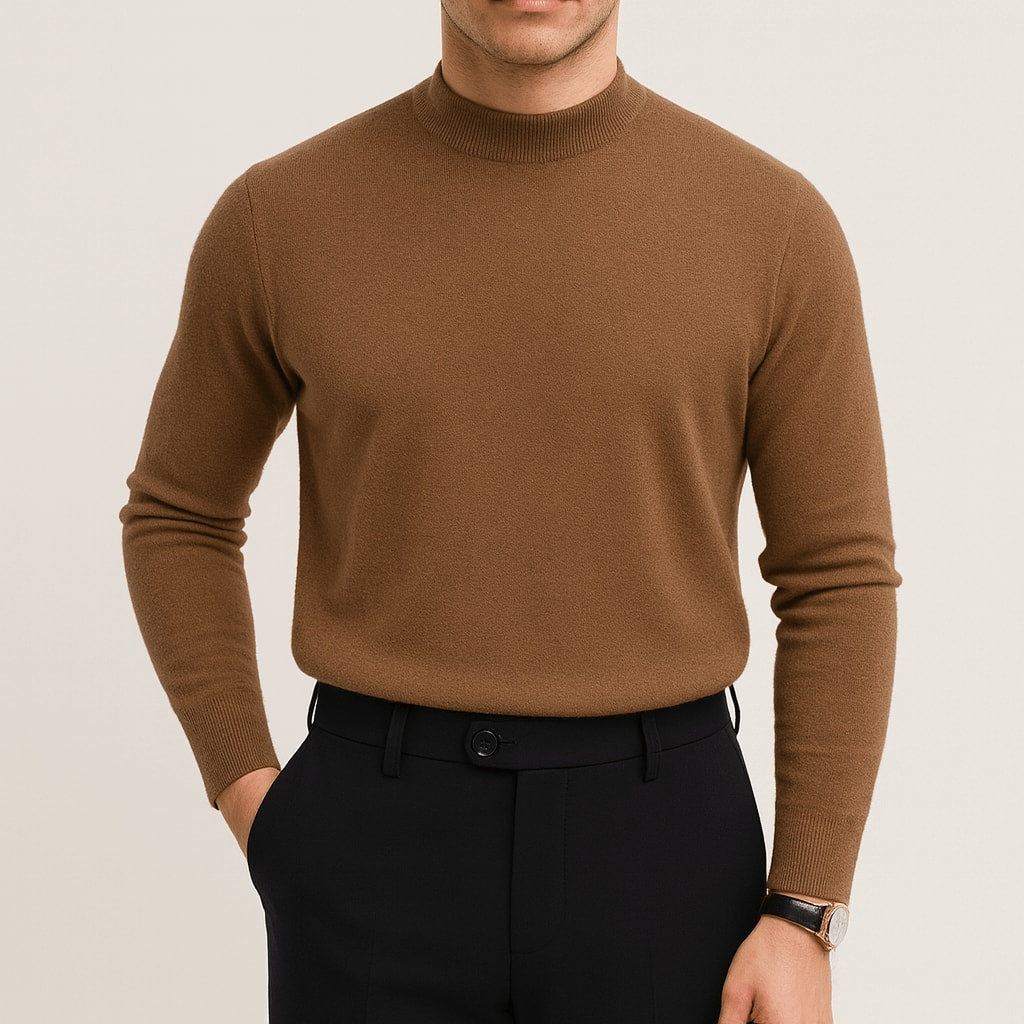 Brun striktrøje herre med høj hals i slim fit