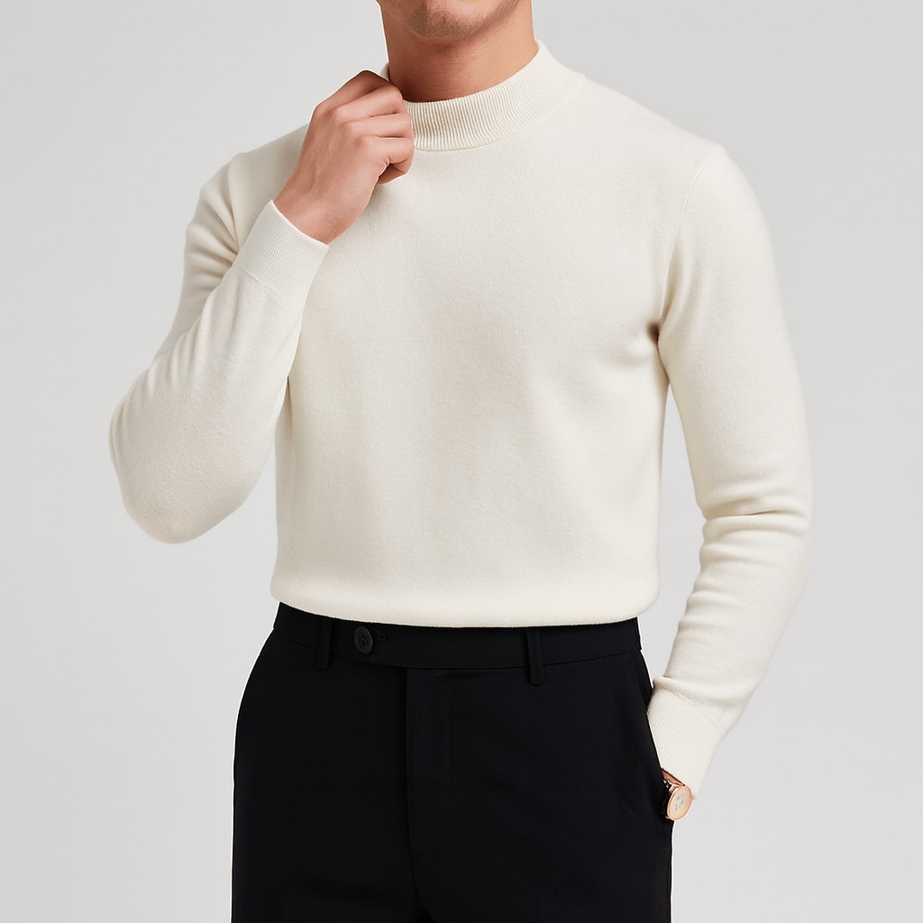 Cremehvid pullover herre med høj hals og ribkant