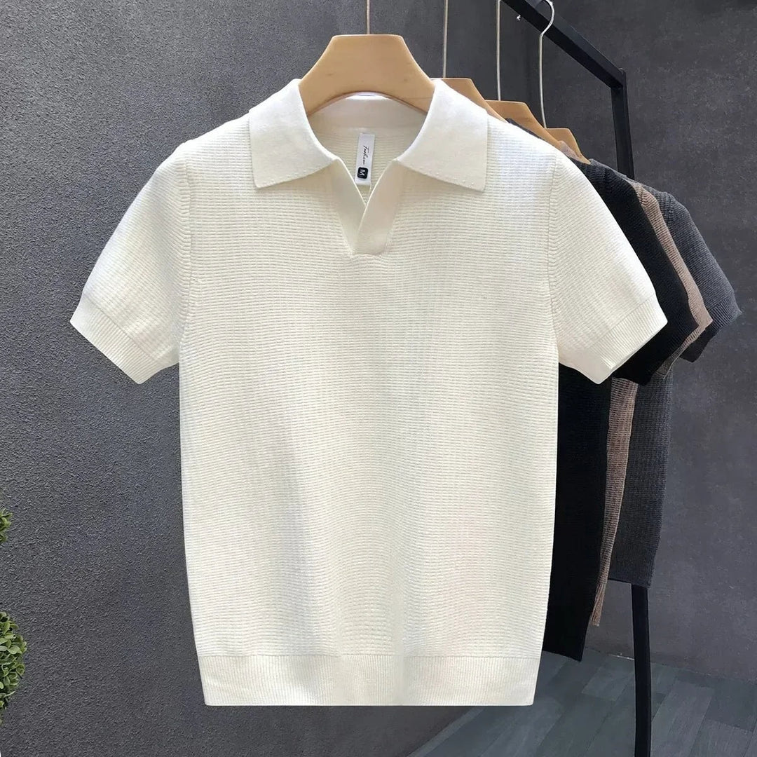 Strikket poloshirt herre med V-hals i hvid