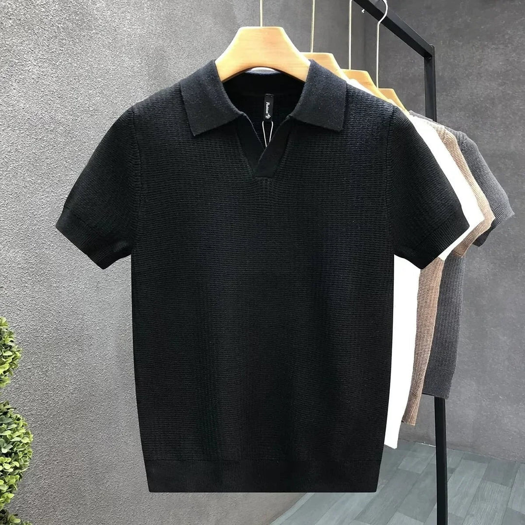 Strikket poloshirt herre med V-hals i sort