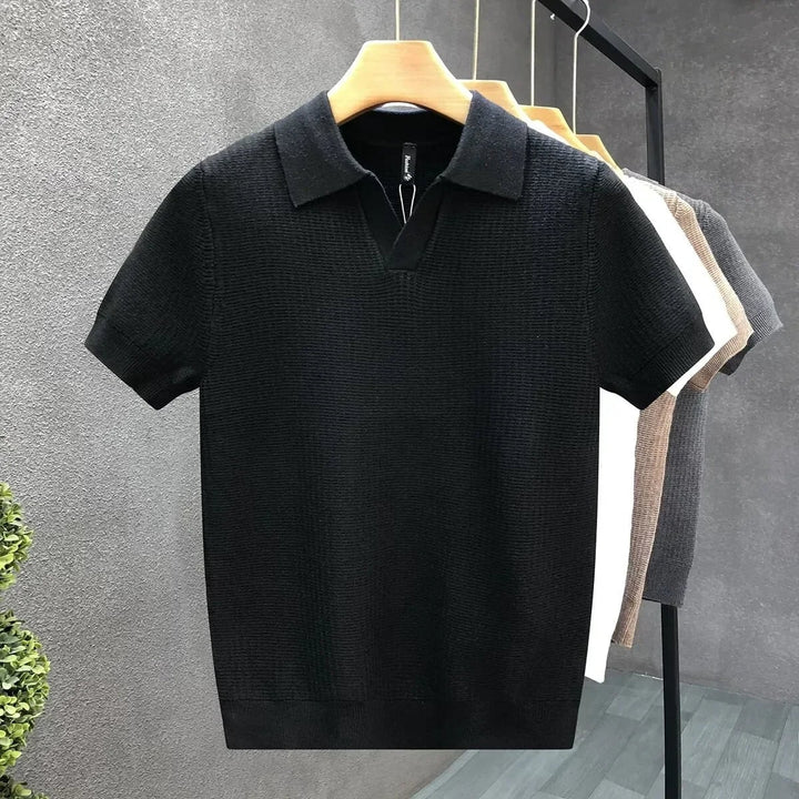 Strikket poloshirt herre med V-hals i sort
