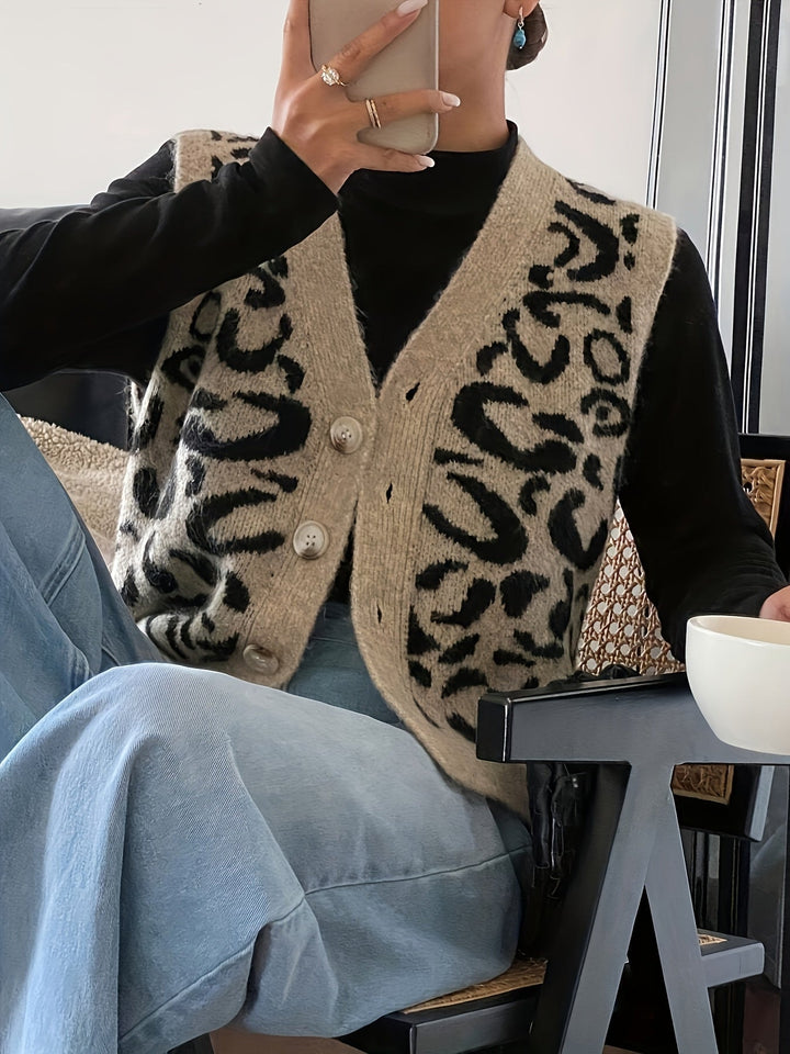 Strikket vest dame med leopardmønster og knapper