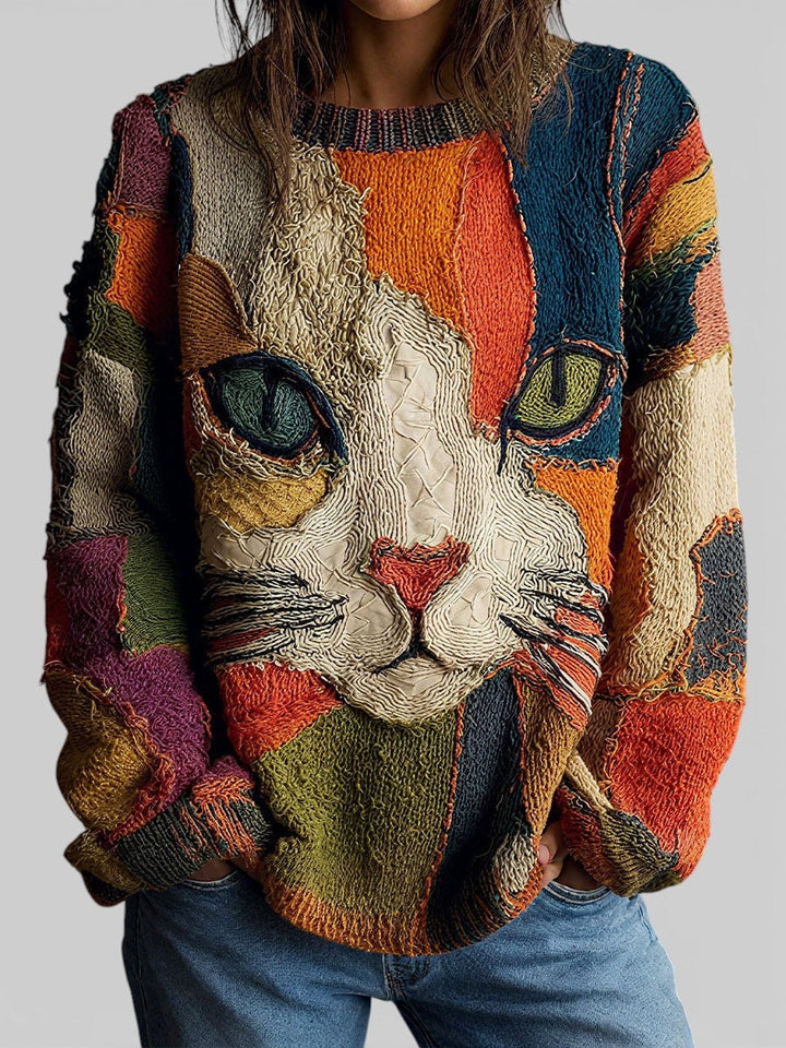 Striktrøje dame med kunstnerisk kattemotiv i patchwork-stil set forfra