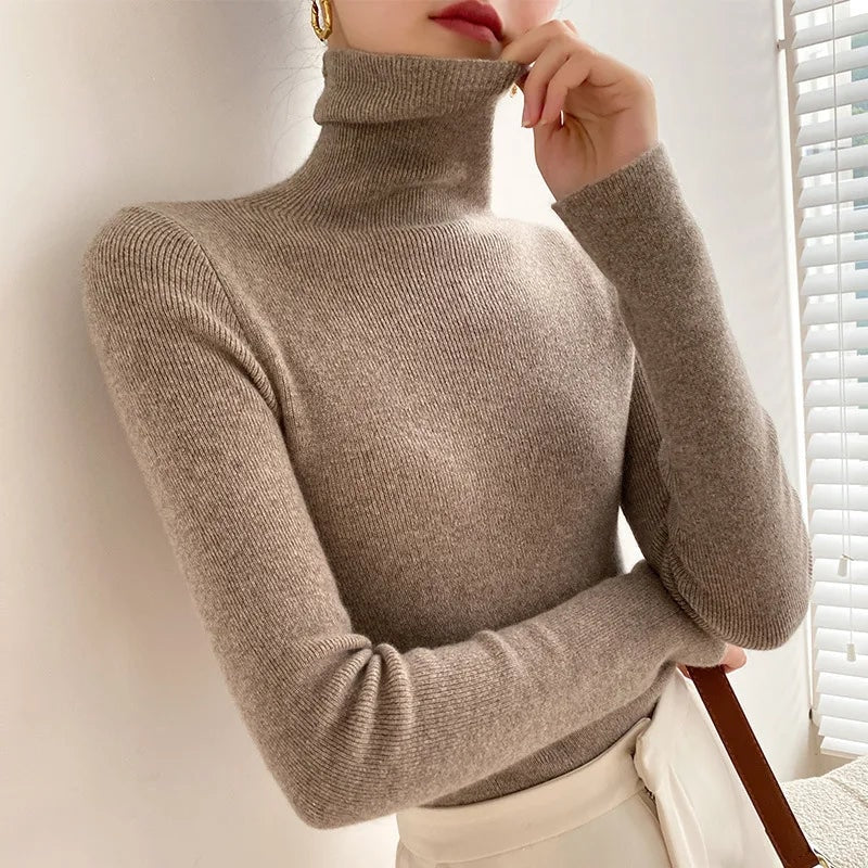Striktrøje dame med rullekrave i cashmere